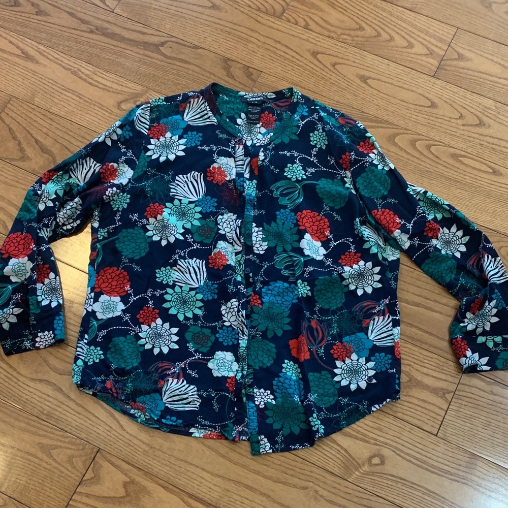 Olsen Navy Floral Button-Up Blouse with Teal & Red Accents size L (14)